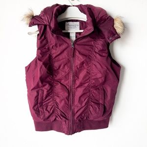 American Rag Puffer Vest with Faux Fur Attached Hood Burgundy Women's Size L